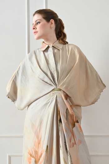 Shop_Samant Chauhan_Beige Cotton, Linen Collared Abstract Print Draped Dress _Online_at_Aza_Fashions