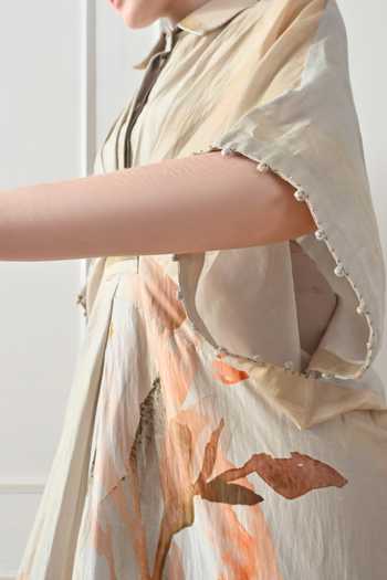 Samant Chauhan_Beige Cotton, Linen Collared Abstract Print Draped Dress _at_Aza_Fashions