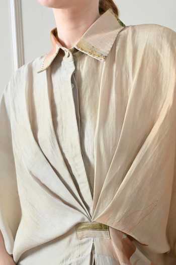 Buy_Samant Chauhan_Beige Cotton, Linen Collared Abstract Print Draped Dress 