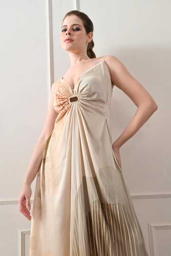 Samant Chauhan_Beige Cotton, Linen Sweetheart Neck Ombre Draped Gown _Online_at_Aza_Fashions