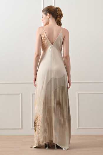 Shop_Samant Chauhan_Beige Cotton, Linen Sweetheart Neck Ombre Draped Gown _at_Aza_Fashions