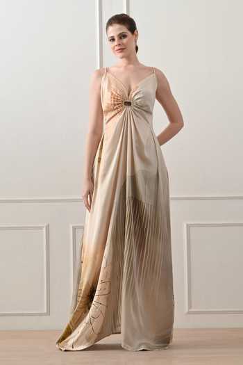 Buy_Samant Chauhan_Beige Cotton, Linen Sweetheart Neck Ombre Draped Gown _at_Aza_Fashions
