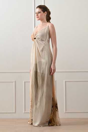 Samant Chauhan_Beige Cotton, Linen Sweetheart Neck Ombre Draped Gown _at_Aza_Fashions