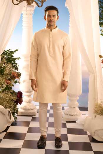 Amrit Dawani_Beige Embroidery Floral Sherwani And Kurta Set _Online_at_Aza_Fashions