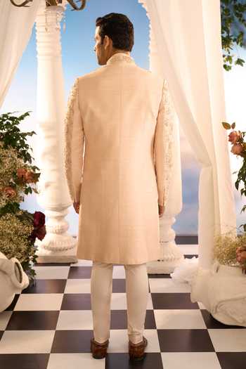 Shop_Amrit Dawani_Beige Embroidery Floral Sherwani And Kurta Set _at_Aza_Fashions