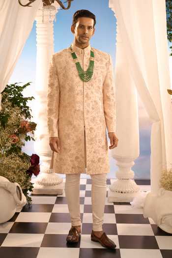 Buy_Amrit Dawani_Beige Embroidery Floral Sherwani And Kurta Set _Online_at_Aza_Fashions