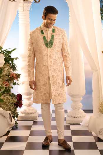 Shop_Amrit Dawani_Beige Embroidery Floral Sherwani And Kurta Set _Online_at_Aza_Fashions