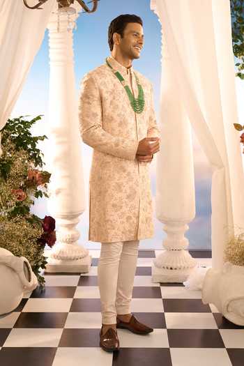 Amrit Dawani_Beige Embroidery Floral Sherwani And Kurta Set _at_Aza_Fashions