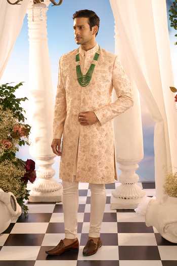 Shop_Amrit Dawani_Beige Embroidery Floral Sherwani And Kurta Set 