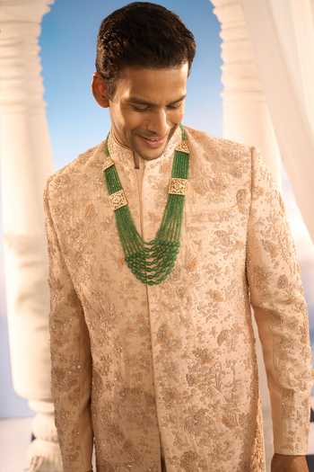 Amrit Dawani_Beige Embroidery Floral Sherwani And Kurta Set _Online