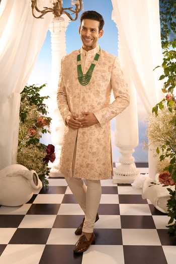 Buy_Amrit Dawani_Beige Embroidery Floral Sherwani And Kurta Set _Online