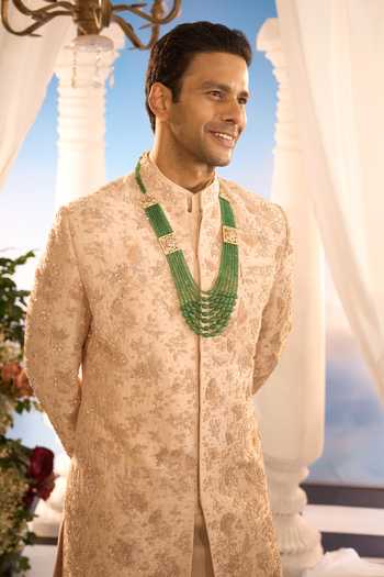Shop_Amrit Dawani_Beige Embroidery Floral Sherwani And Kurta Set _Online