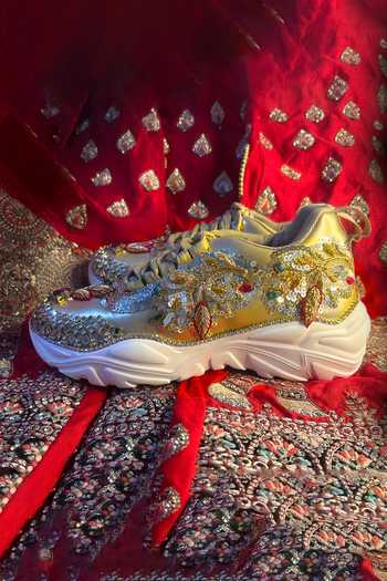 Shop_Chal Jooti_Gold Ballad Of Colours Floral Embellished Sneakers _at_Aza_Fashions