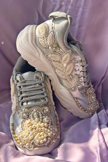 Buy_Chal Jooti_Silver Crown Of Pearl Embellished Sneakers _at_Aza_Fashions