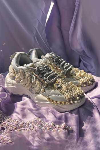 Shop_Chal Jooti_Silver Crown Of Pearl Embellished Sneakers _at_Aza_Fashions