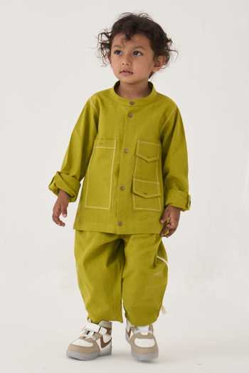 Buy_Three_Green Handloom Cotton Handwoven Shirt And Pant Set _at_Aza_Fashions