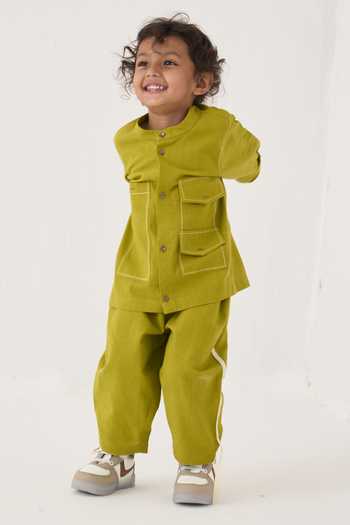 Three_Green Handloom Cotton Handwoven Shirt And Pant Set _Online_at_Aza_Fashions