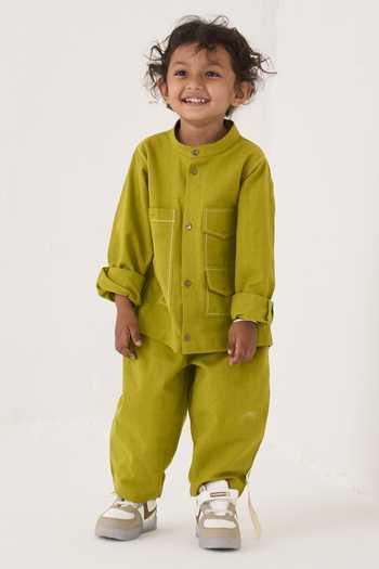 Buy_Three_Green Handloom Cotton Handwoven Shirt And Pant Set _Online_at_Aza_Fashions