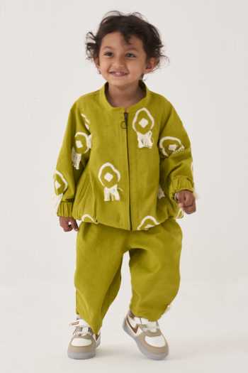 Buy_Three_Green Cotton Embroidery, Fringe Handwoven Jacket And Pant Set _at_Aza_Fashions