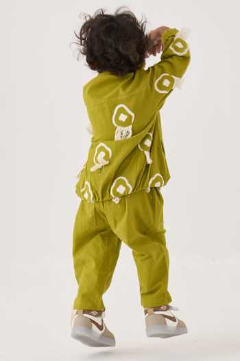 Shop_Three_Green Cotton Embroidery, Fringe Handwoven Jacket And Pant Set _at_Aza_Fashions