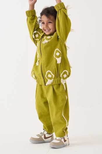 Buy_Three_Green Cotton Embroidery, Fringe Handwoven Jacket And Pant Set _Online_at_Aza_Fashions