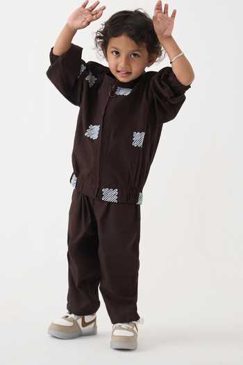 Buy_Three_Brown Cotton, Poplin Embroidery Abstract Pattern Jacket And Pant Set _at_Aza_Fashions