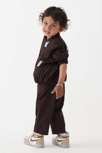 Shop_Three_Brown Cotton, Poplin Embroidery Abstract Pattern Jacket And Pant Set _at_Aza_Fashions