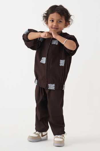 Three_Brown Cotton, Poplin Embroidery Abstract Pattern Jacket And Pant Set _Online_at_Aza_Fashions