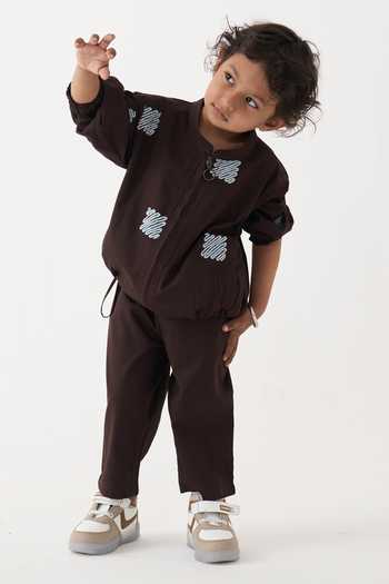 Buy_Three_Brown Cotton, Poplin Embroidery Abstract Pattern Jacket And Pant Set _Online_at_Aza_Fashions