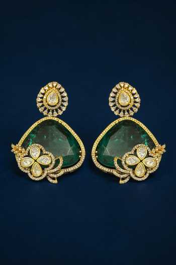 Shop_Amaara Jewels_Green Brass Emerald Teardrop Earrings With Stone Embellishment _at_Aza_Fashions