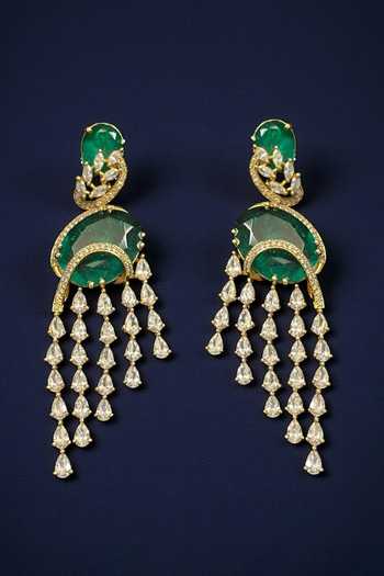 Shop_Amaara Jewels_Green Stones, Crystals Aurelia Gold Finish Brass Dangler Earrings Pair _at_Aza_Fashions