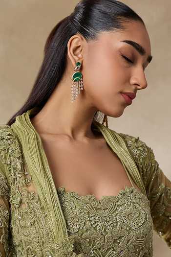 Amaara Jewels_Green Stones, Crystals Aurelia Gold Finish Brass Dangler Earrings Pair _Online_at_Aza_Fashions