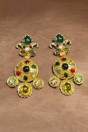 Shop_Amaara Jewels_Gold Plated Stones Navratan Brass Earrings _at_Aza_Fashions