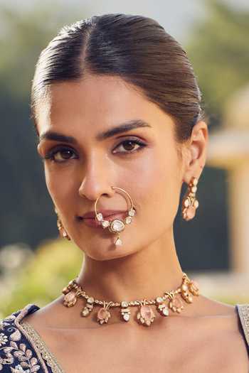 Buy_Amaara Jewels_Gold Plated Stones Gulnoor Hoop Nath Brass Nose Pin _at_Aza_Fashions