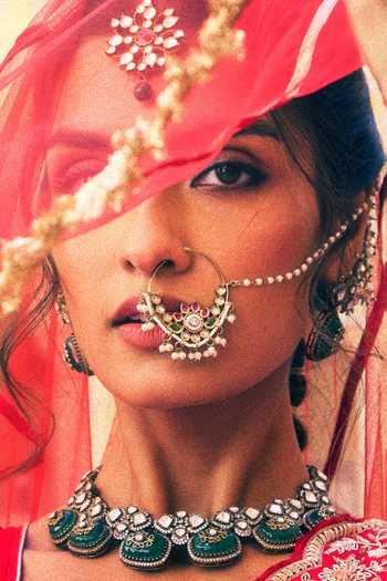 Shop_Amaara Jewels_Multi Color Imitation Gemstones Moonlit Bloom Emerald And Ruby Maang Tikka _Online_at_Aza_Fashions