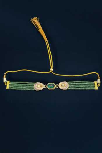 Shop_Amaara Jewels_Green Stones Gold Finish Brass Choker Necklace And Earrings Set _at_Aza_Fashions