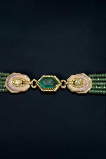 Amaara Jewels_Green Stones Gold Finish Brass Choker Necklace And Earrings Set _Online_at_Aza_Fashions