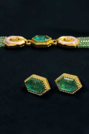 Buy_Amaara Jewels_Green Stones Gold Finish Brass Choker Necklace And Earrings Set _Online_at_Aza_Fashions