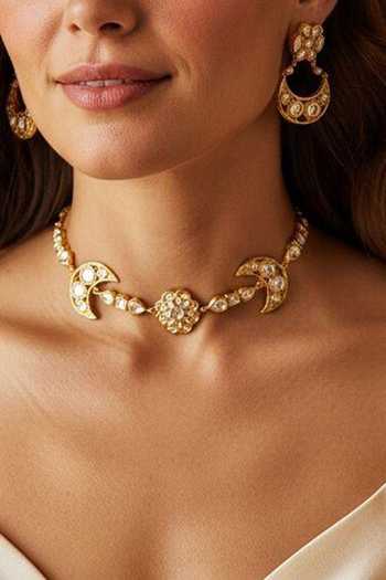 Shop_Amaara Jewels_Gold Plated Stones, Pearls Polki Luxe Choker Brass Necklace And Earrings Set _at_Aza_Fashions