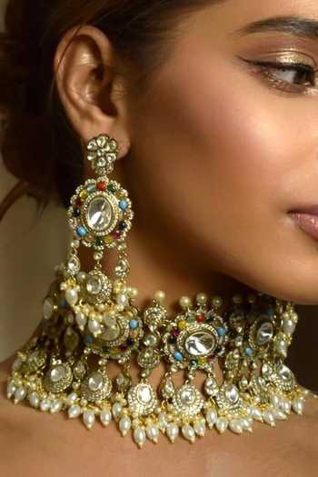 Amaara Jewels_Gold Plated Pearls, Stones, Crystals Polki Brass Necklace And Earrings Set _Online_at_Aza_Fashions