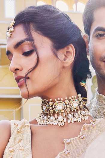 Buy_Amaara Jewels_Gold Plated Pearls, Stones, Crystals Polki Brass Necklace And Earrings Set _at_Aza_Fashions