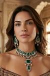 Shop_Amaara Jewels_Green Stones, Emerald Imperial Brass Necklace And Earrings Set _at_Aza_Fashions