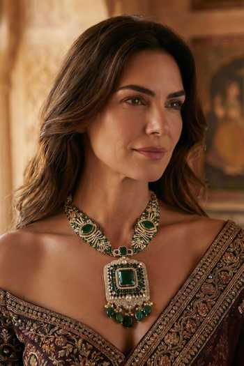 Buy_Amaara Jewels_Green Stones Shahi Panna Polki And Emerald Brass Necklace Set _Online_at_Aza_Fashions