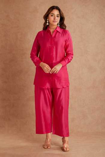 Buy_Priya Chaudhary_Pink Chanderi Collared Tunic And Pant Set _at_Aza_Fashions