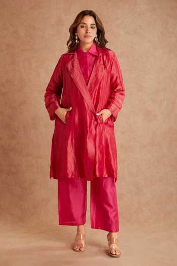 Buy_Priya Chaudhary_Pink Chanderi Collared Tunic And Pant Set _Online_at_Aza_Fashions
