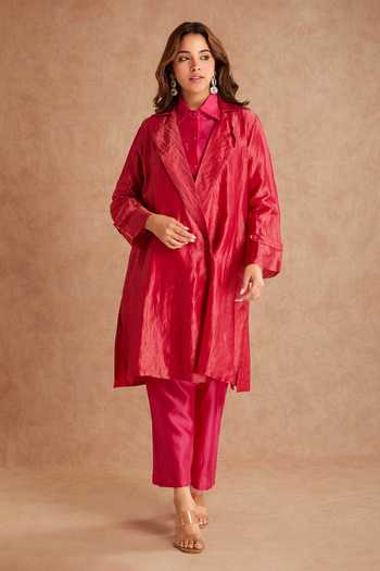 Shop_Priya Chaudhary_Pink Chanderi Collared Tunic And Pant Set _Online_at_Aza_Fashions