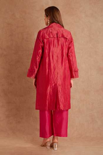 Shop_Priya Chaudhary_Pink Chanderi Collared Tunic And Pant Set _at_Aza_Fashions