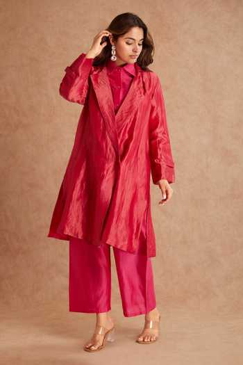 Priya Chaudhary_Pink Chanderi Collared Tunic And Pant Set _at_Aza_Fashions