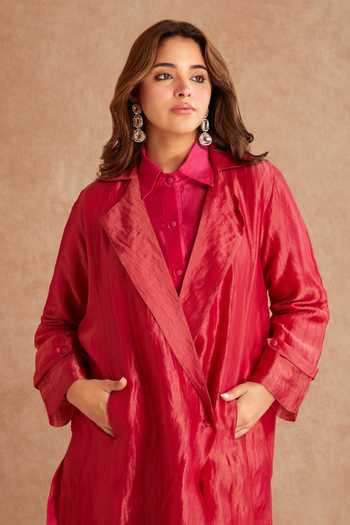 Buy_Priya Chaudhary_Pink Chanderi Collared Tunic And Pant Set 