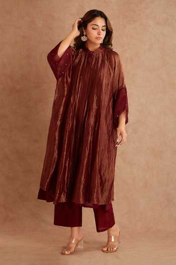 Buy_Priya Chaudhary_Red Tissue, Chanderi Mandarin Collar, V-neck Overlay Jacket And Tunic Set _at_Aza_Fashions